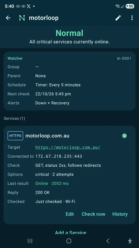 Watcher details with per-service results